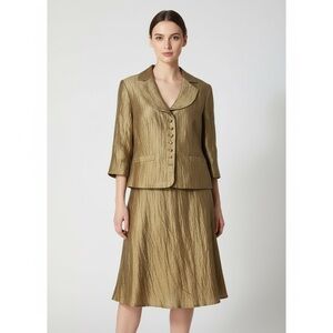 Louben Laura Gold Blazer and Skirt Set Crinkle Linen Blend Size 8